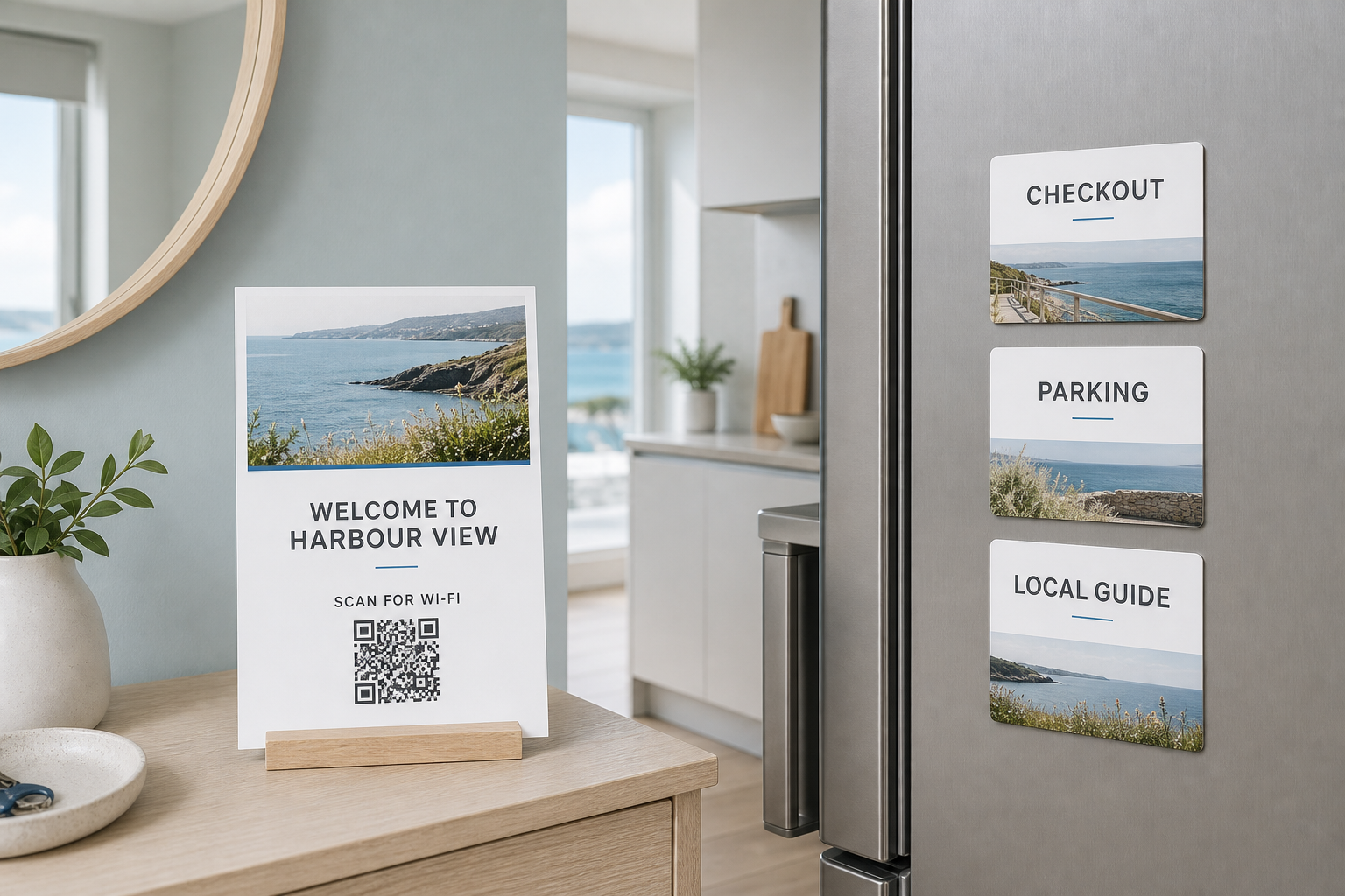 Coastal concept with a Harbour View welcome board and matching checkout, parking and local guide magnets