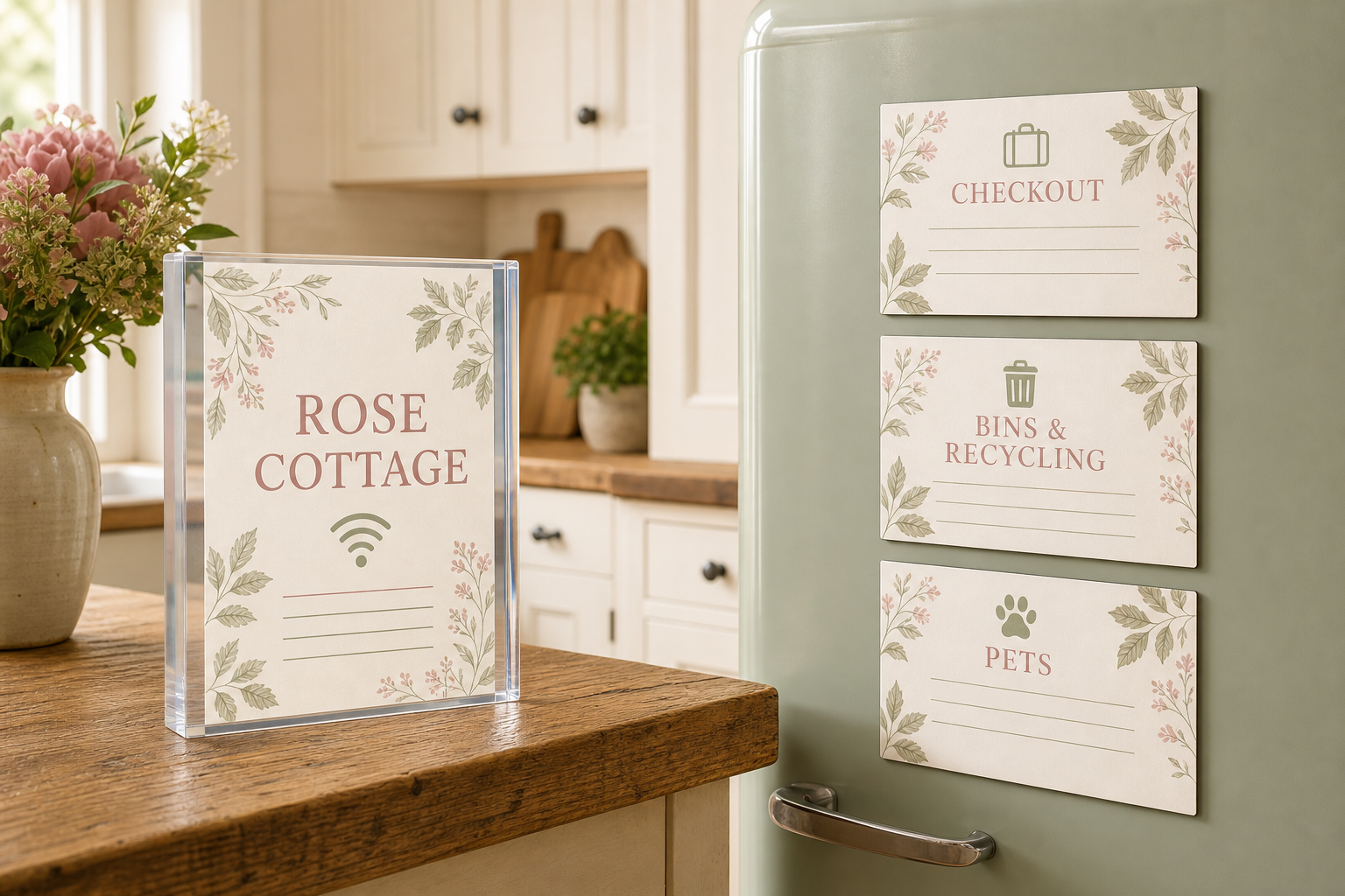 WelcomeQ Essential pack with an acrylic block and three matching magnets