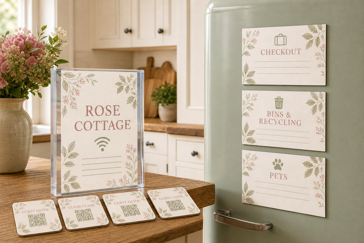 WelcomeQ Plus pack with an acrylic block, three magnets and four square QR coasters