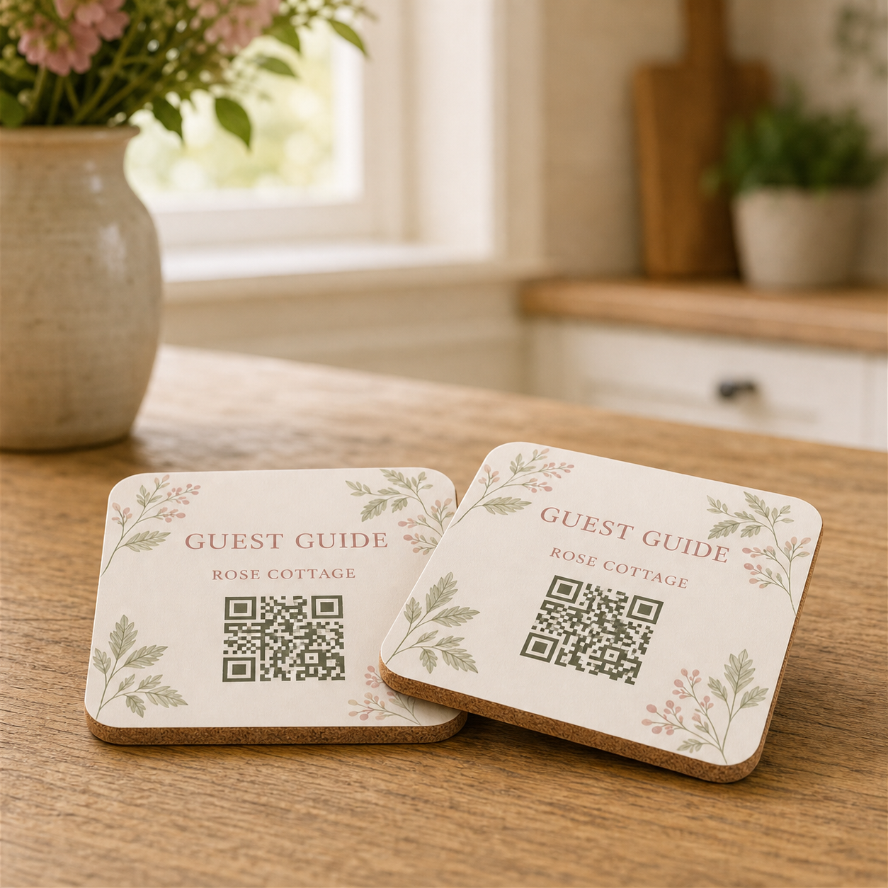 WelcomeQ Starter Pair with two personalised guest-guide QR coasters